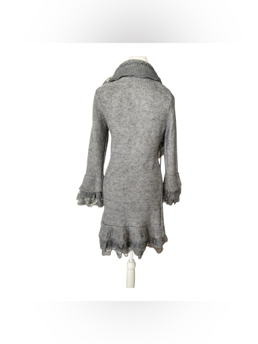 Sioni Grey Knit Lace Cardigan Sweater Coat Boho Romantic Size L - Picture 2 of 9